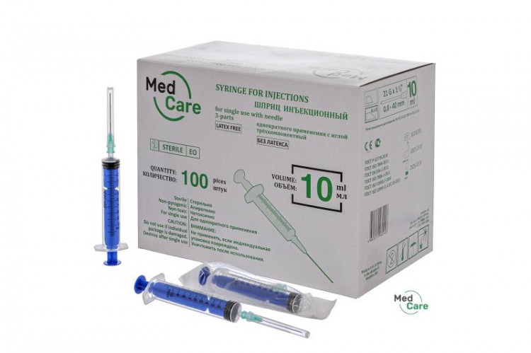 Шприц 10мл MedCare, 3х - компонентный, с иглой р-р 21G 0,80 х 40