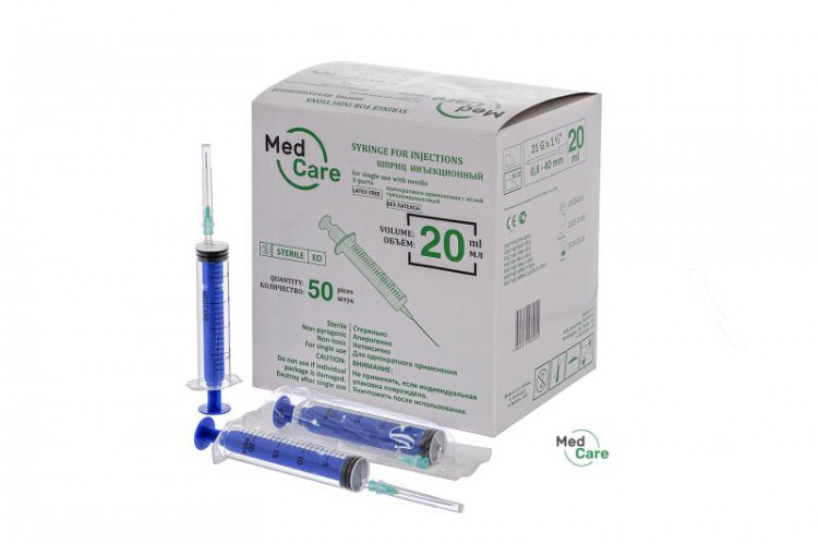 Шприц 20мл MedCare, 3х - компонентный, с иглой р-р 21G 0,80 х 40