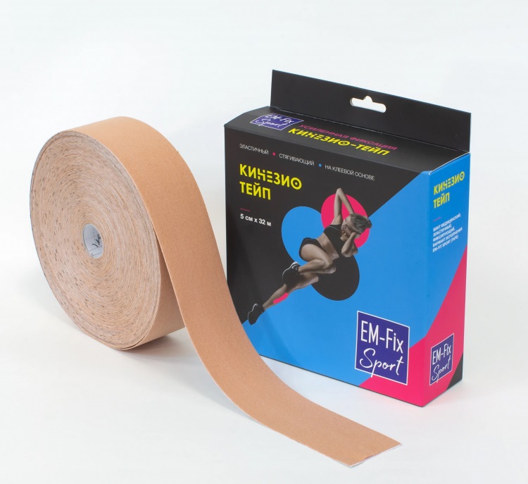 Кинезиологический тейп EM-Fix Sport Tape 5 см 32 м (бежевый) усиленная фиксация