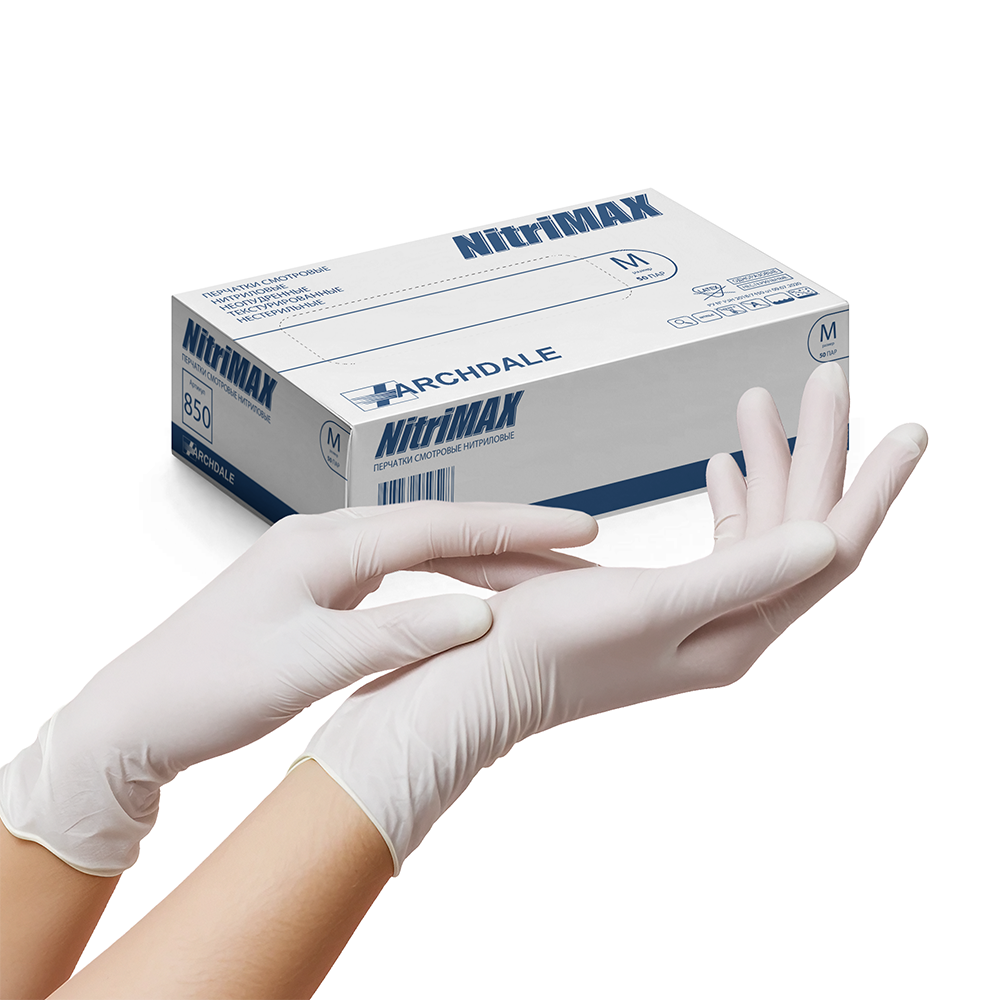 Перчатки нитриловые, NitriMAX, белые, 3.9 гр, M (50 пар)