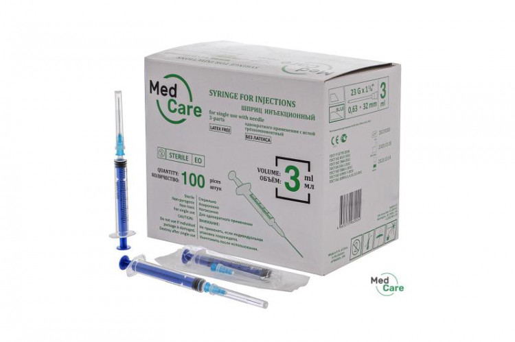 Шприц 3мл MedCare, 3х - компонентный, с иглой р-р 23G 0,63 х 32